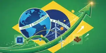 Gráfico de ações em ascensão com elementos da bandeira brasileira e ícones de setores econômicos, representando o crescimento do mercado de ações no Brasil.