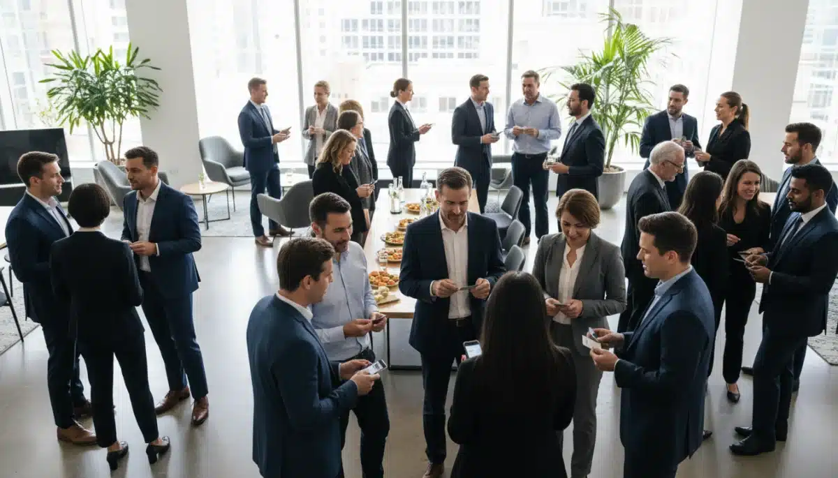 Profissionais de diversas idades fazendo networking em evento de carreira