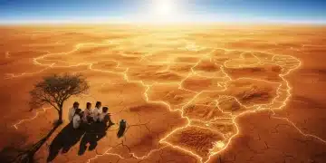 Mapa do Brasil com áreas em laranja e vermelho, simbolizando onda de calor extremo, pessoas buscando sombra sob um sol forte.