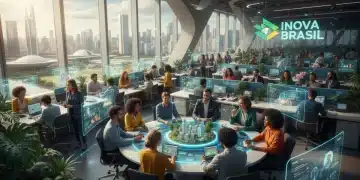 Profissionais diversos colaborando em um ambiente de trabalho moderno e tecnológico, simbolizando as tendências de carreira em 2026 no Brasil.