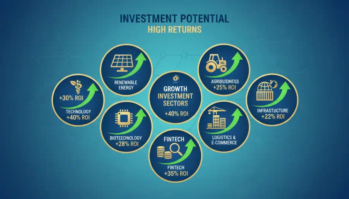 Infográfico detalhado com sete setores econômicos promissores, destacando o potencial de crescimento e altos retornos de investimento no Brasil.