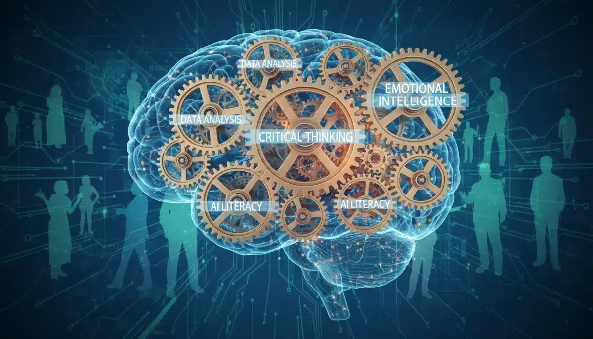 Representação visual de um cérebro com engrenagens simbolizando habilidades como análise de dados, pensamento crítico e inteligência artificial, destacando a importância do aprendizado contínuo.