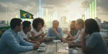 Cidadãos brasileiros discutindo política, com gráficos de pesquisa ao fundo, refletindo o cenário das Eleições 2026.