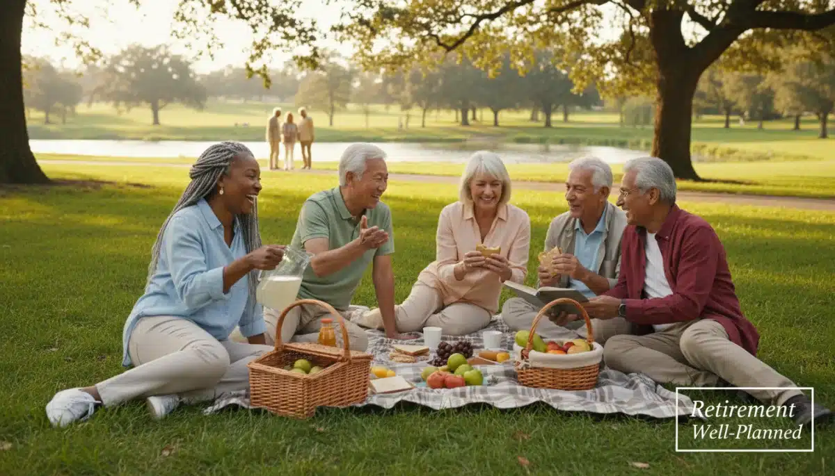 Idosos sorrindo em um parque, desfrutando da aposentadoria planejada