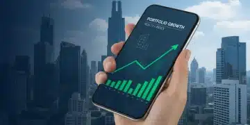 Mão de investidor segurando smartphone com gráfico financeiro sobre cityscape, simbolizando fundos imobiliários em crescimento.