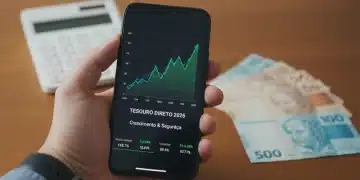 Pessoa analisando gráficos financeiros em um smartphone, com notas de real e calculadora ao fundo, simbolizando investimentos no Tesouro Direto.