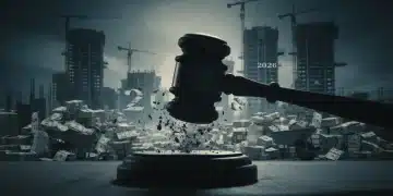 Martelo de juiz sobre fundo de obras públicas e dinheiro, simbolizando o escândalo de desvio de R$ 500 milhões em 2026.