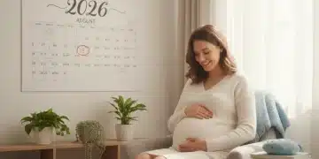 Mulher grávida sorrindo, segurando a barriga, com calendário de 2026 ao fundo.
