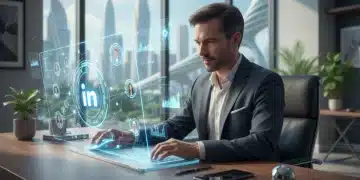 Homem profissional otimizando o perfil do LinkedIn em um laptop, com foco em estratégias de carreira para 2026.