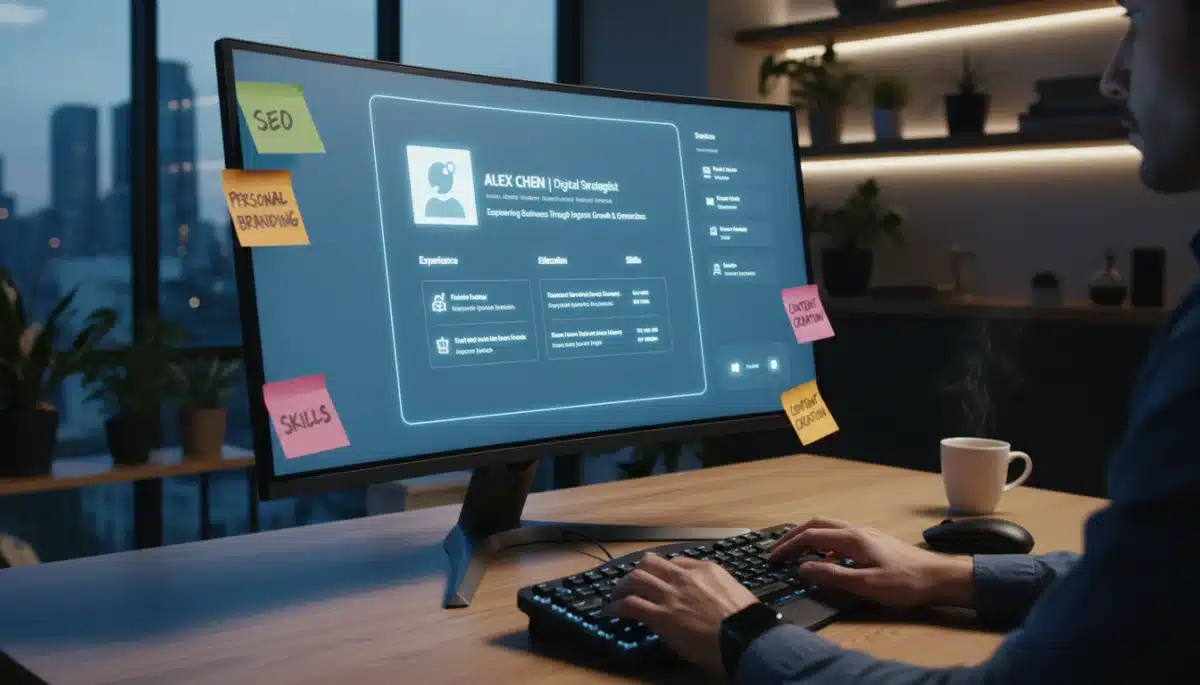 Mãos digitando em um teclado, com o perfil do LinkedIn em destaque na tela, cercado por anotações de palavras-chave como 'SEO' e 'Networking'.