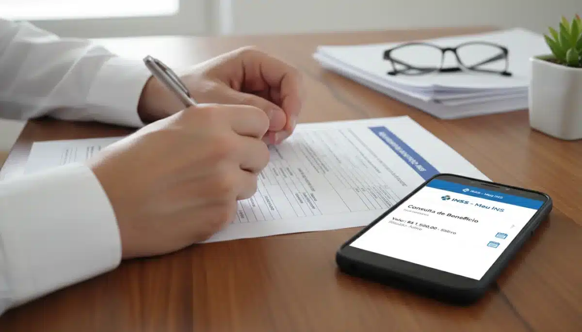 Mãos preenchendo formulários, com caneta e smartphone exibindo informações do INSS.