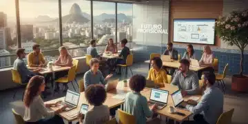 Profissionais de diversas áreas aprendendo e colaborando em um ambiente moderno, simbolizando upskilling e reskilling para o futuro do trabalho no Brasil em 2026.