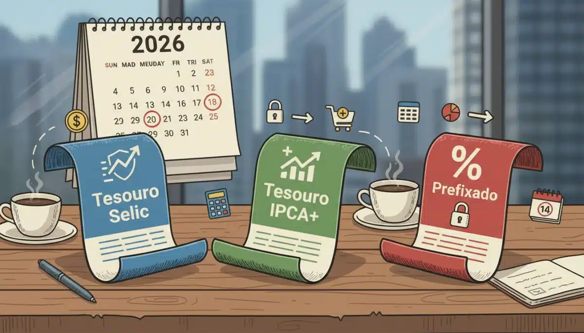 Ilustração de diferentes tipos de títulos do Tesouro Direto, como Tesouro Selic, IPCA+ e Prefixado, com um calendário de 2026 ao fundo.