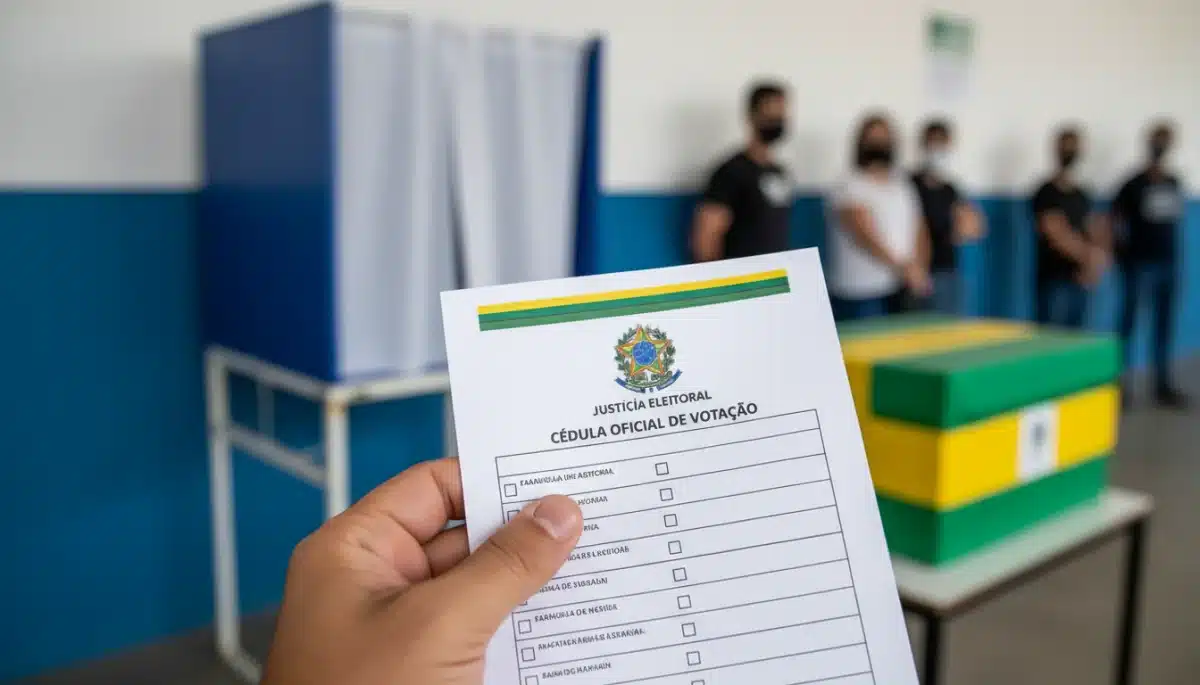 Mão segurando cédula de votação em ambiente de eleição, simbolizando a participação democrática nas Eleições 2026.