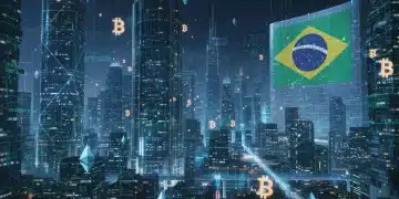 Cena futurista de uma cidade digital com símbolos de criptomoedas e a bandeira brasileira ao fundo, representando o futuro das criptomoedas no Brasil em 2026.
