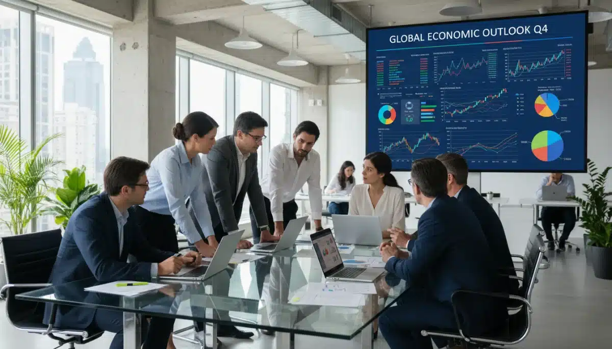 Economistas discutindo dados de inflação e projeções econômicas em uma sala de reuniões, com gráficos e números em um telão.