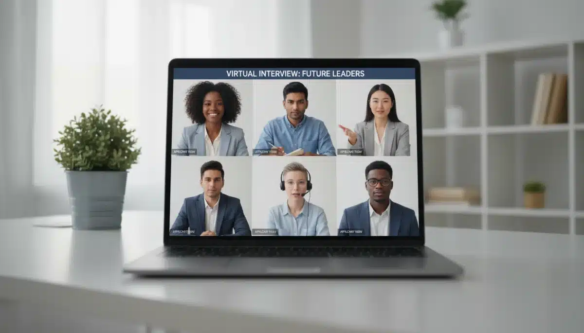 Jovens profissionais em entrevista de emprego virtual em 2026, interagindo ativamente.