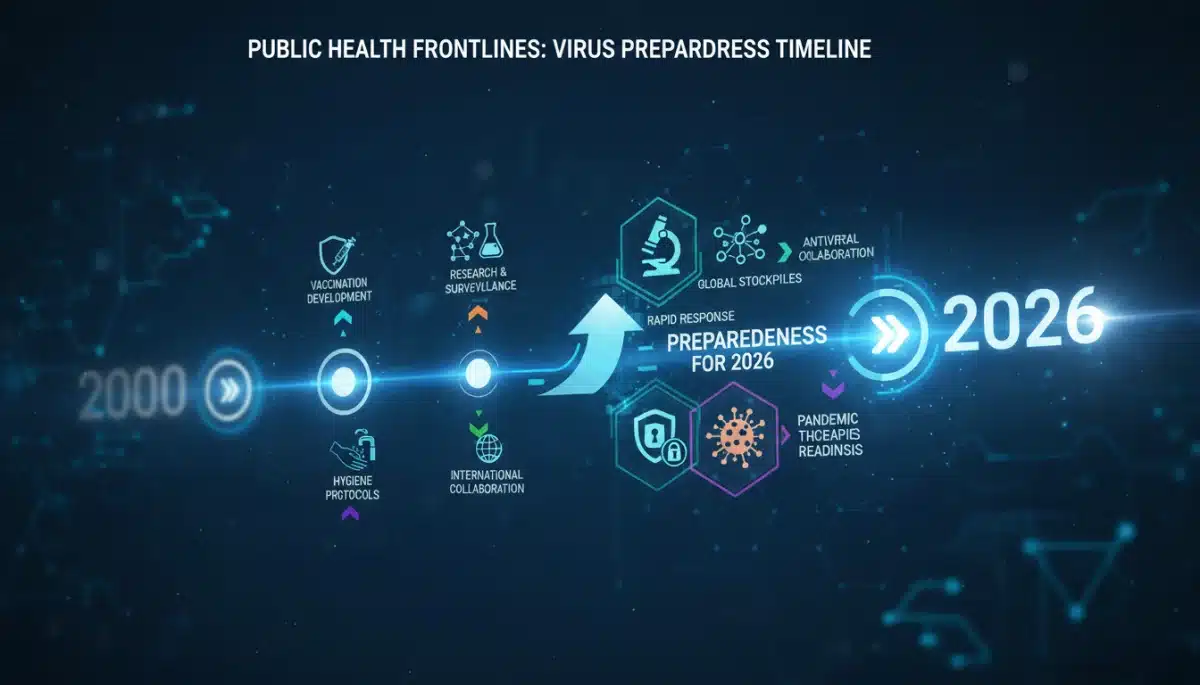Gráfico de linha do tempo com estratégias de saúde pública e prevenção de vírus emergentes, destacando a preparação para 2026.