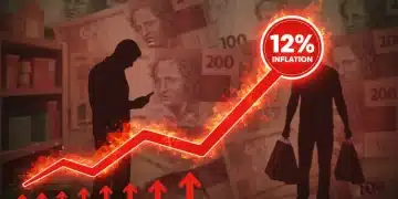 Gráfico mostrando a inflação disparando para 12% em janeiro de 2026, com setas ascendentes indicando o aumento e notas de real ao fundo.