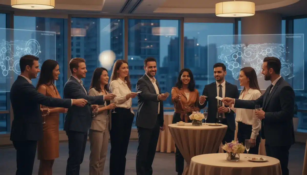 Profissionais em evento de networking trocando cartões e experiências para transição de carreira.