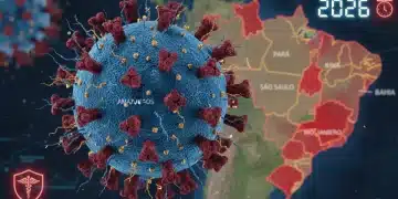 Microscópio mostrando novo vírus com mapa do Brasil ao fundo e símbolo de alerta médico para 2026.