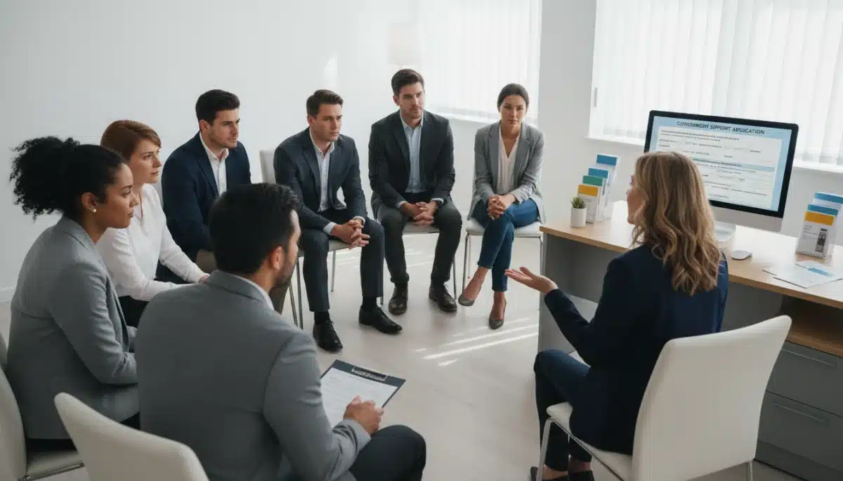 Grupo de pessoas recebendo orientação sobre Seguro-Desemprego 2026 em balcão de atendimento.