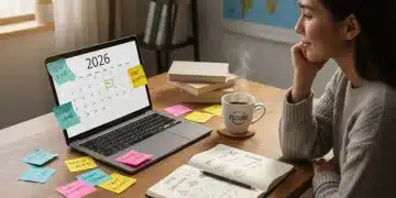 Pessoa planejando transição de carreira em 2026 com calendário e anotações.