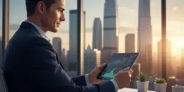 Pessoa analisando gráficos financeiros em tablet, planejamento previdenciário