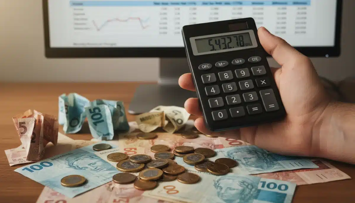 Mão segurando calculadora com dinheiro e gráficos, simbolizando o impacto financeiro da reforma tributária.