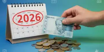Calendário PIS PASEP 2026 com moedas e nota de real, simbolizando o abono salarial.
