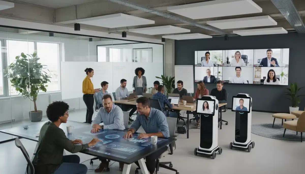 Equipe diversa trabalhando em um ambiente híbrido, com colaboradores no escritório e em videochamada, simbolizando a colaboração eficiente em 2026.
