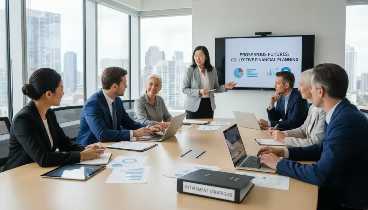 Profissionais discutindo estratégias de investimento para aposentadoria