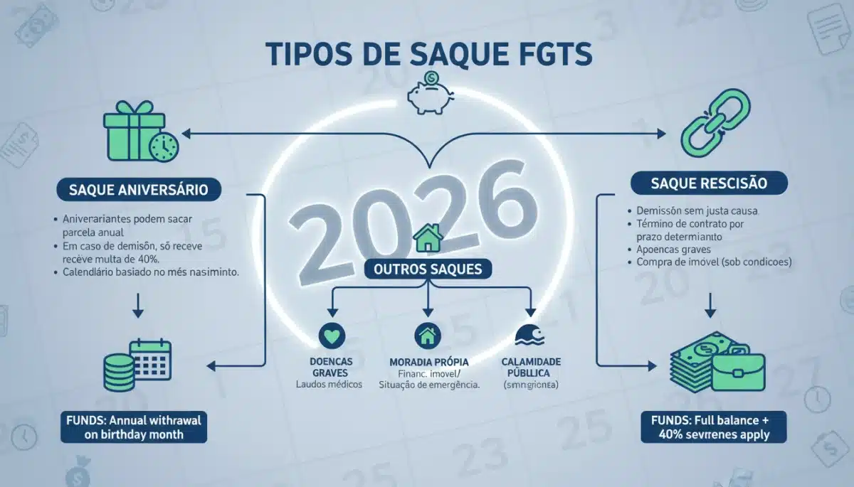 Infográfico explicativo das modalidades de saque do FGTS 2026
