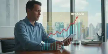 Investidor brasileiro analisando gráficos financeiros e projeções de inflação para 2026, com foco em proteção patrimonial.