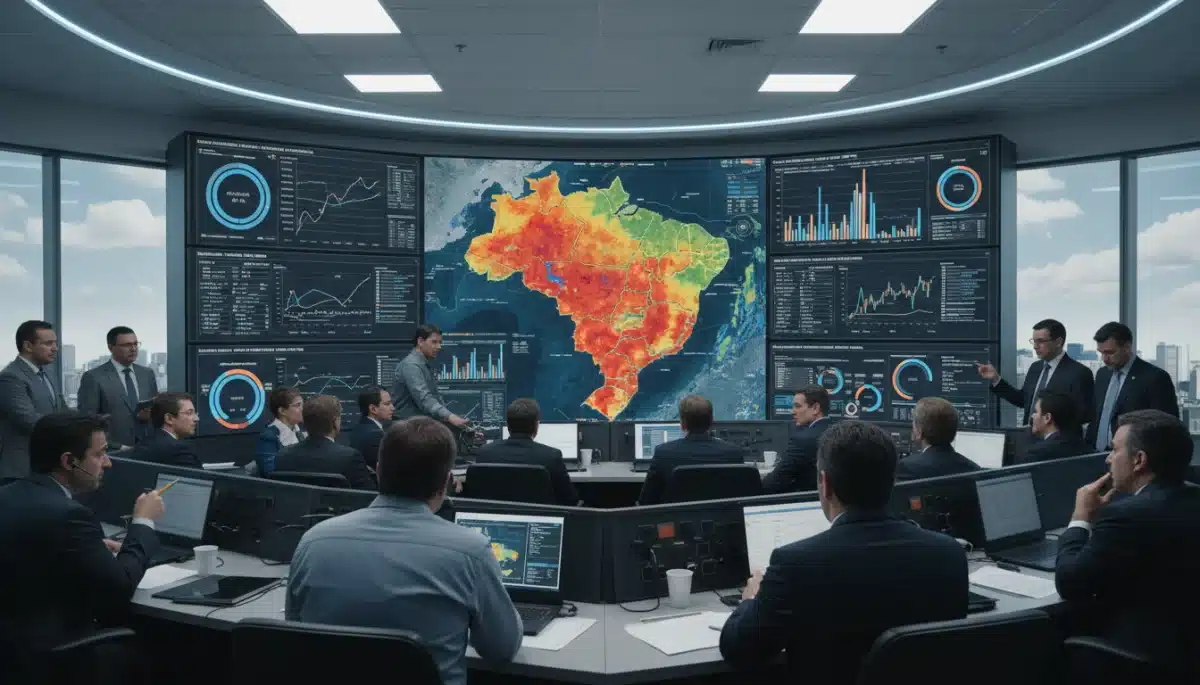 Equipe técnica em sala de controle analisando dados de monitoramento hídrico e estratégias de gestão da crise em 2026.