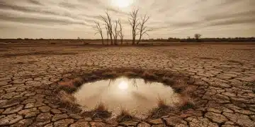 Paisagem árida com terra rachada sob sol forte, simbolizando a grave crise hídrica de 2026 no Brasil.