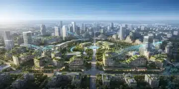 Paisagem urbana moderna com edifícios, parques e elementos digitais, representando o futuro do trabalho híbrido e home office no Brasil em 2026.