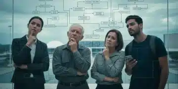 Pessoas diversas analisando um fluxograma complexo de leis tributárias, simbolizando a reforma de 2026 e seus impactos.