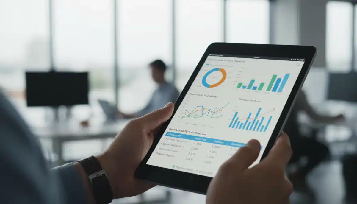 Mão segurando tablet com aplicativo financeiro analisando investimentos de renda fixa.