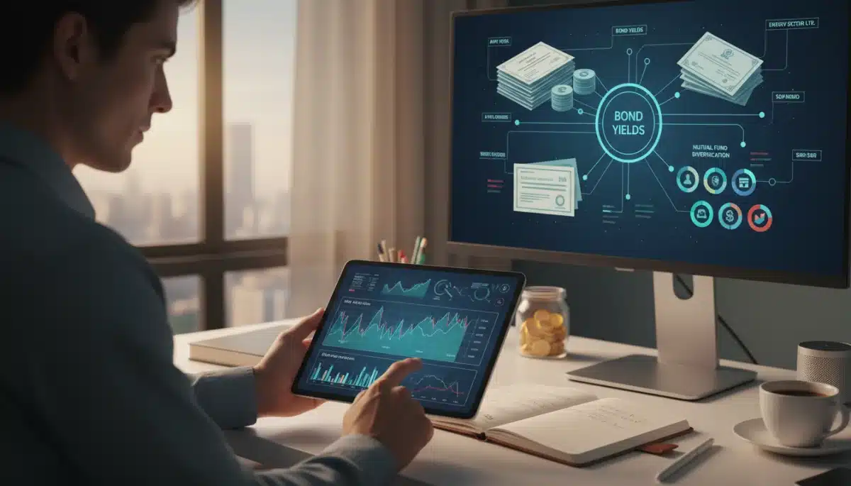 Investidor analisando gráficos financeiros e opções de investimento para rebalancear sua carteira.