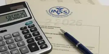 Calculadora e documentos do INSS, simbolizando a revisão de aposentadorias e o impacto financeiro em 2026.