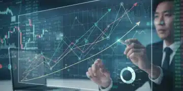 Gráfico financeiro com setas de crescimento e diversificação de investimentos, simbolizando o rebalanceamento de carteira frente à Selic.