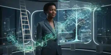 Pessoa interagindo com interface digital futurista, simbolizando o desenvolvimento de carreira em 2026.