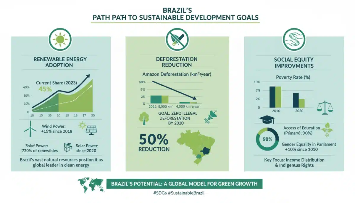 Infográfico sobre metas de desenvolvimento sustentável e progresso do Brasil