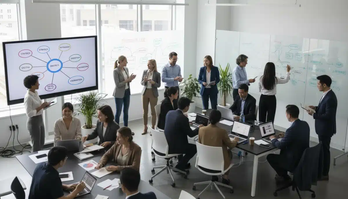 Profissionais diversos em workshop colaborativo, focando em networking e desenvolvimento de habilidades.