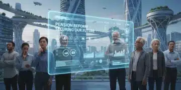 Pessoas de diferentes idades observando informações sobre aposentadoria em uma tela digital, com uma cidade futurista ao fundo, simbolizando as novas regras de aposentadoria para 2026 e o planejamento futuro.