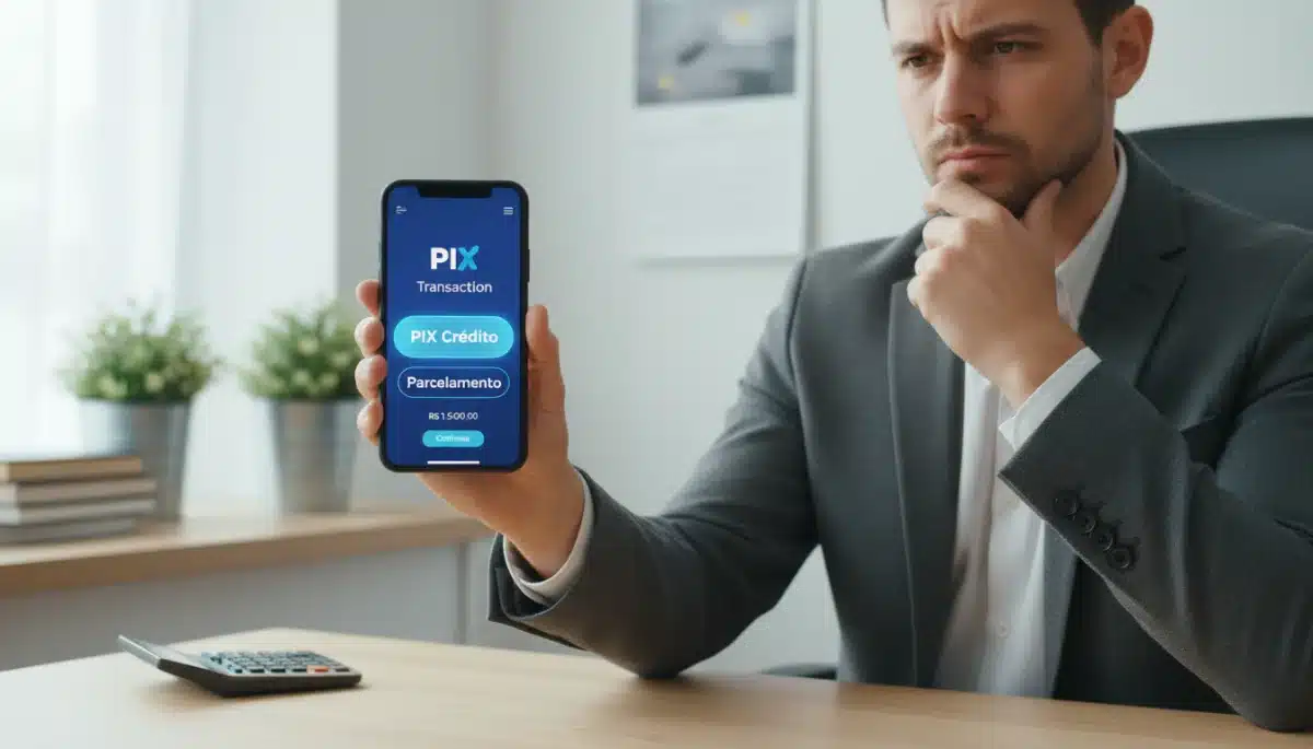 Pessoa utilizando smartphone para transação PIX Crédito com opções de parcelamento
