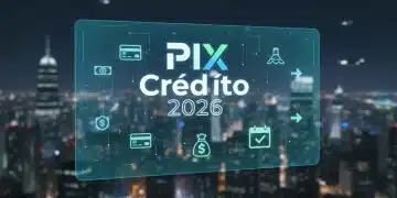 Interface digital futurista do PIX Crédito 2026 com ícones financeiros e planejamento mensal