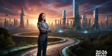 Pessoa resiliente em caminho profissional, com cidade futurista ao fundo, simbolizando superação de desafios em 2026.