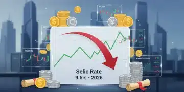 Gráfico financeiro com setas indicando a Selic a 9,5% e símbolos de investimentos de renda fixa para 2026.